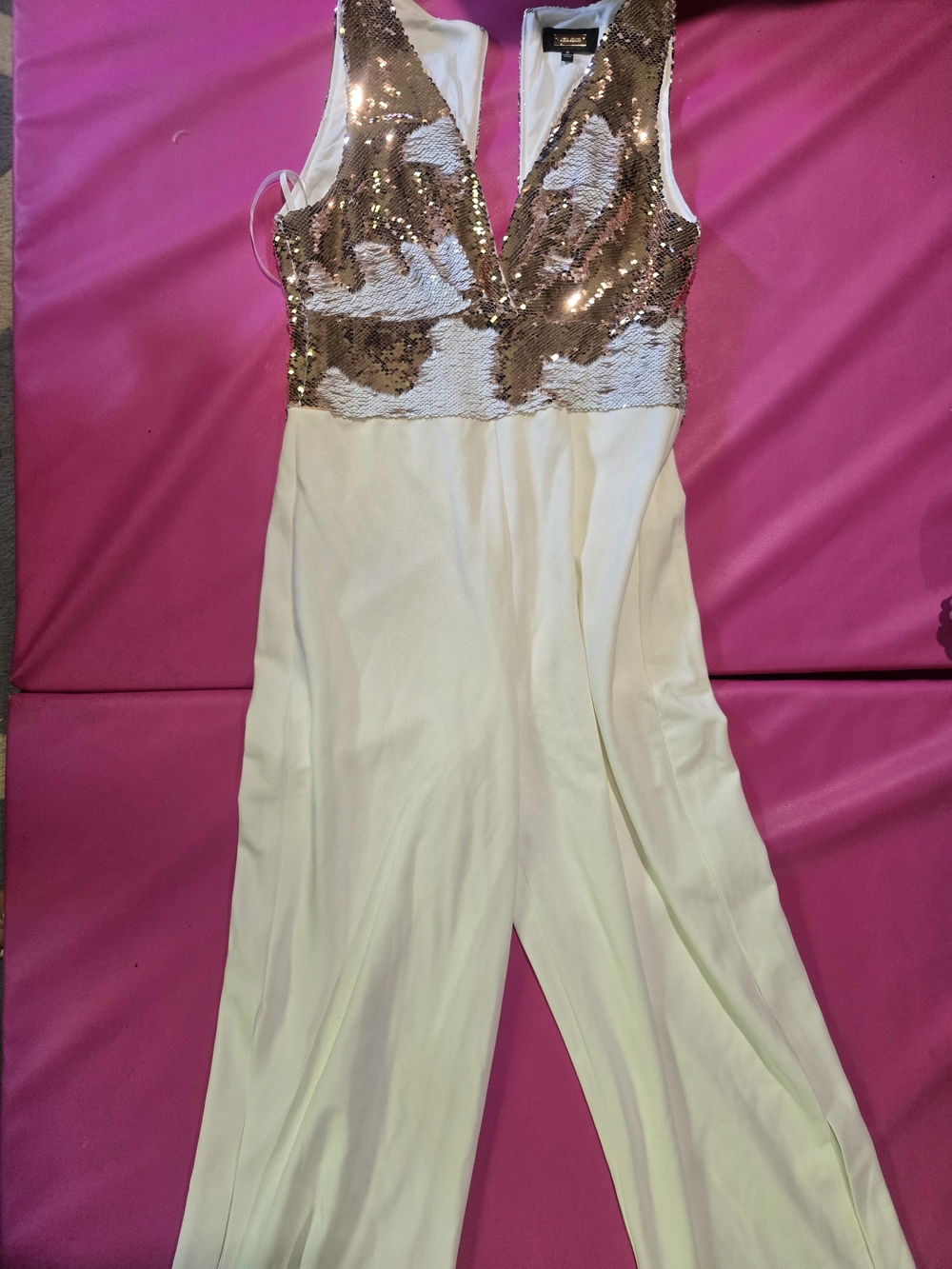 Sequin Bust Cream Jumpsuit with Gold Accents